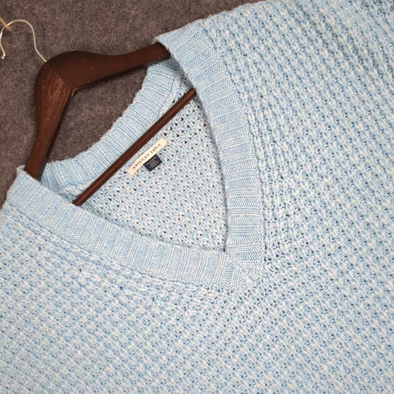 American Eagle Light Blue Chunky Waffle Knit V-Neck Pullover Sweater Xs Tp Exch
